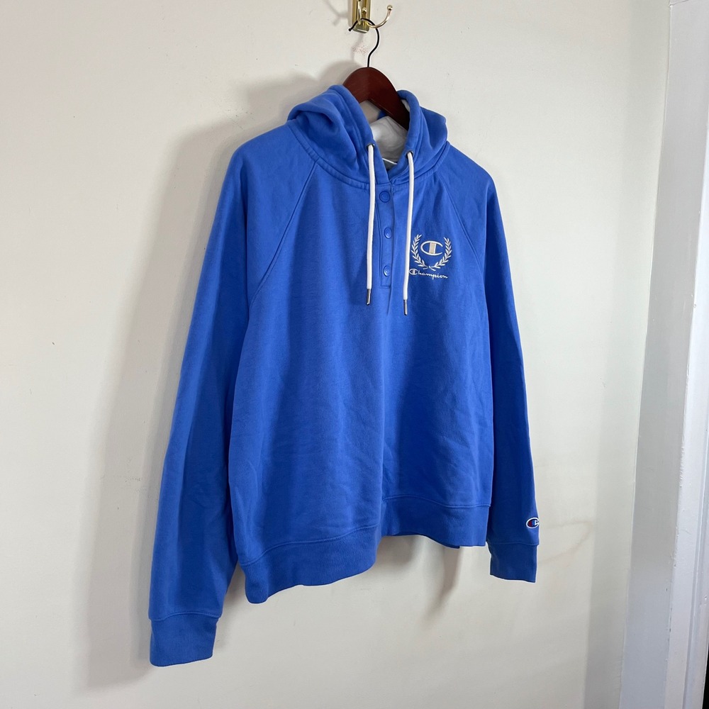 Y2K Champion Henley Hoodie Sweatshirt Embroidered Logo Blue XL Athleisure - Picture 3 of 7